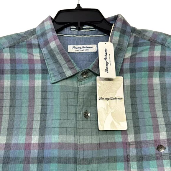 Tommy Bahama Men's Big & Tall 2XLT Coastline Cord Verde Plaid Trout Green Shirt - Picture 5 of 9